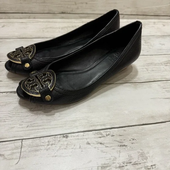 Tory Burch Shoes Amanda Size 6.5 Black Leather Peep Toe Wedge Heels - Picture 3 of 10